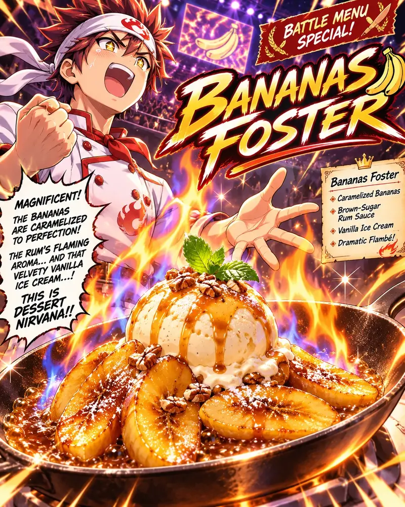 Anime-style poster: a shouting young chef in a white headband flambés Bananas Foster in a flaming pan, under the banner 'Battle Menu Special! Bananas Foster'. A speech bubble reads 'Magnificent! This is dessert nirvana!'
